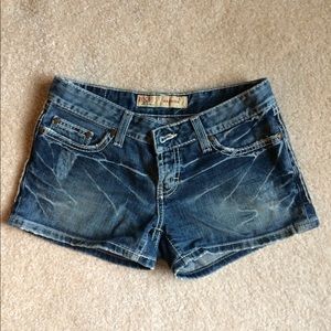 Buckle distressed jean shorts